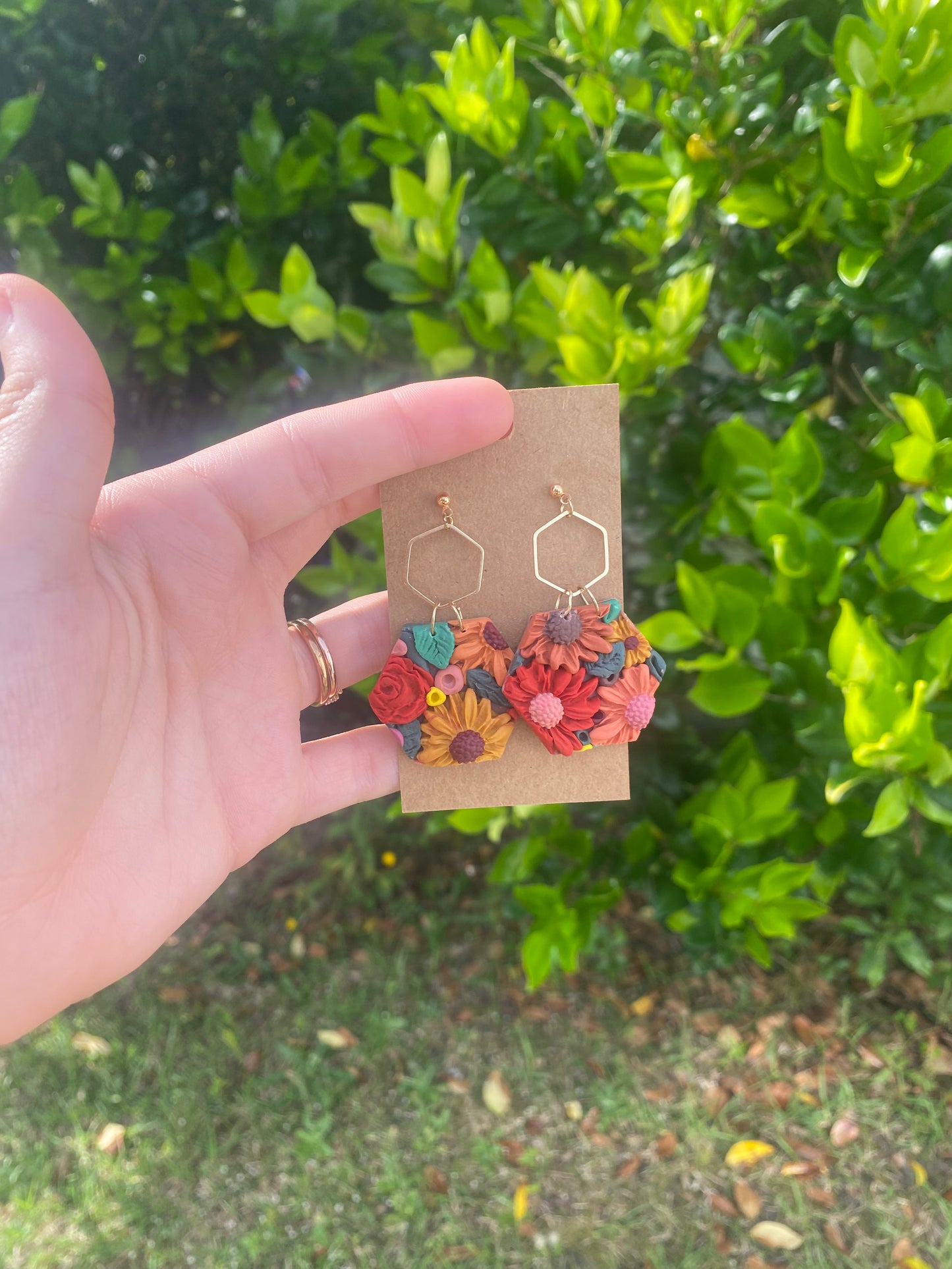Floral hexagon earrings