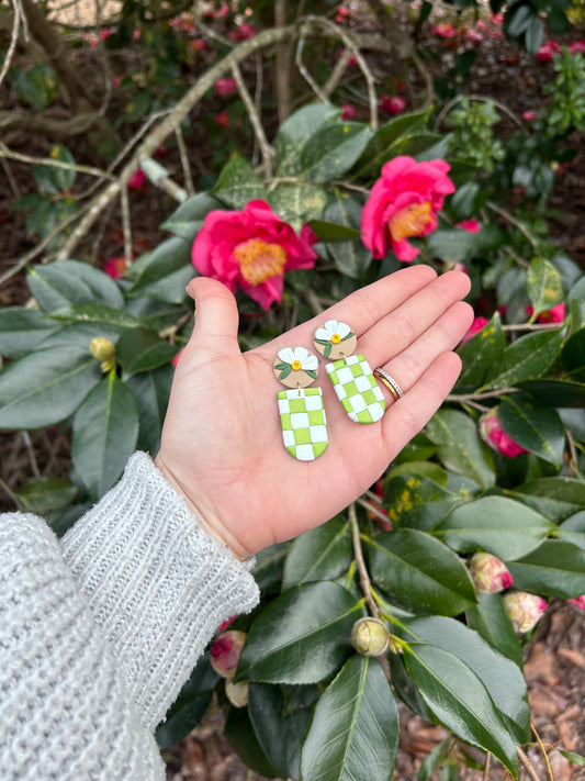 !NEW! Green checkered earrings with flower