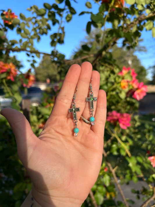 !NEW! Silver cross + turquoise earrings