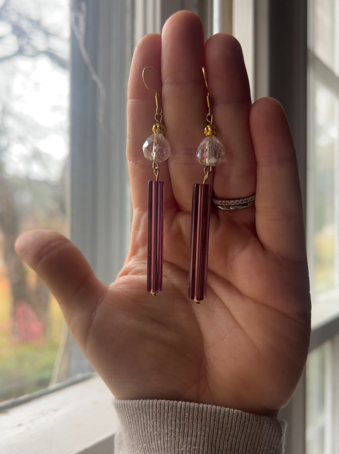 Hudson’s purple bead earrings