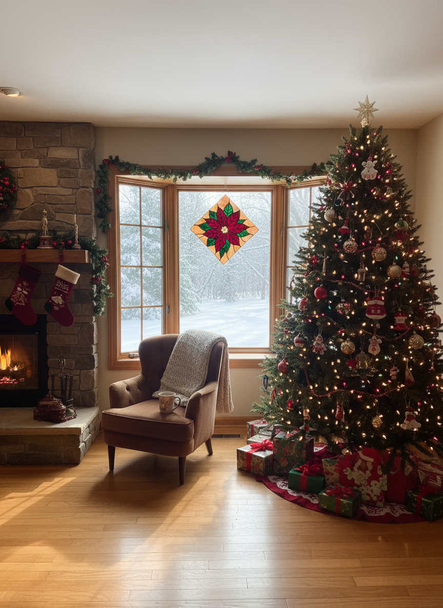 Add my poinsettia stained glass piece into the window size 12 inch x 12 inch 